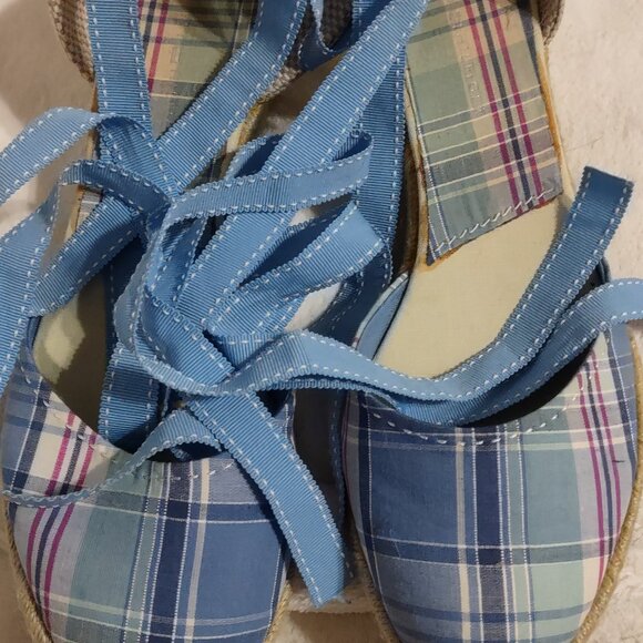 Vintage Tommy Hilfiger Regina Blue Madras plaid sandals, wedge sz 9.5 - Picture 7 of 7